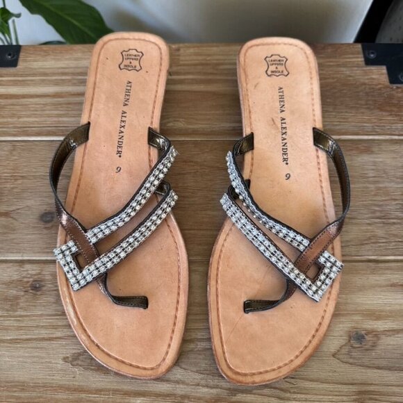 Athena Alexander Metallic Brown Rhinestone Embellished Low Heeled Thing Sandal - Picture 3 of 13